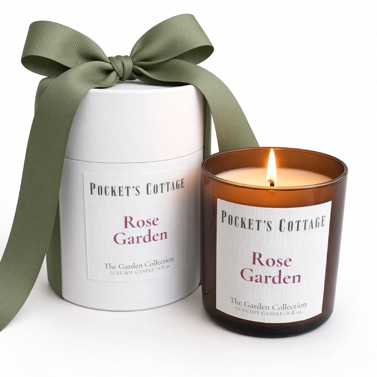 Pocket's Cottage Rose Garden scented candle and gift box on white background