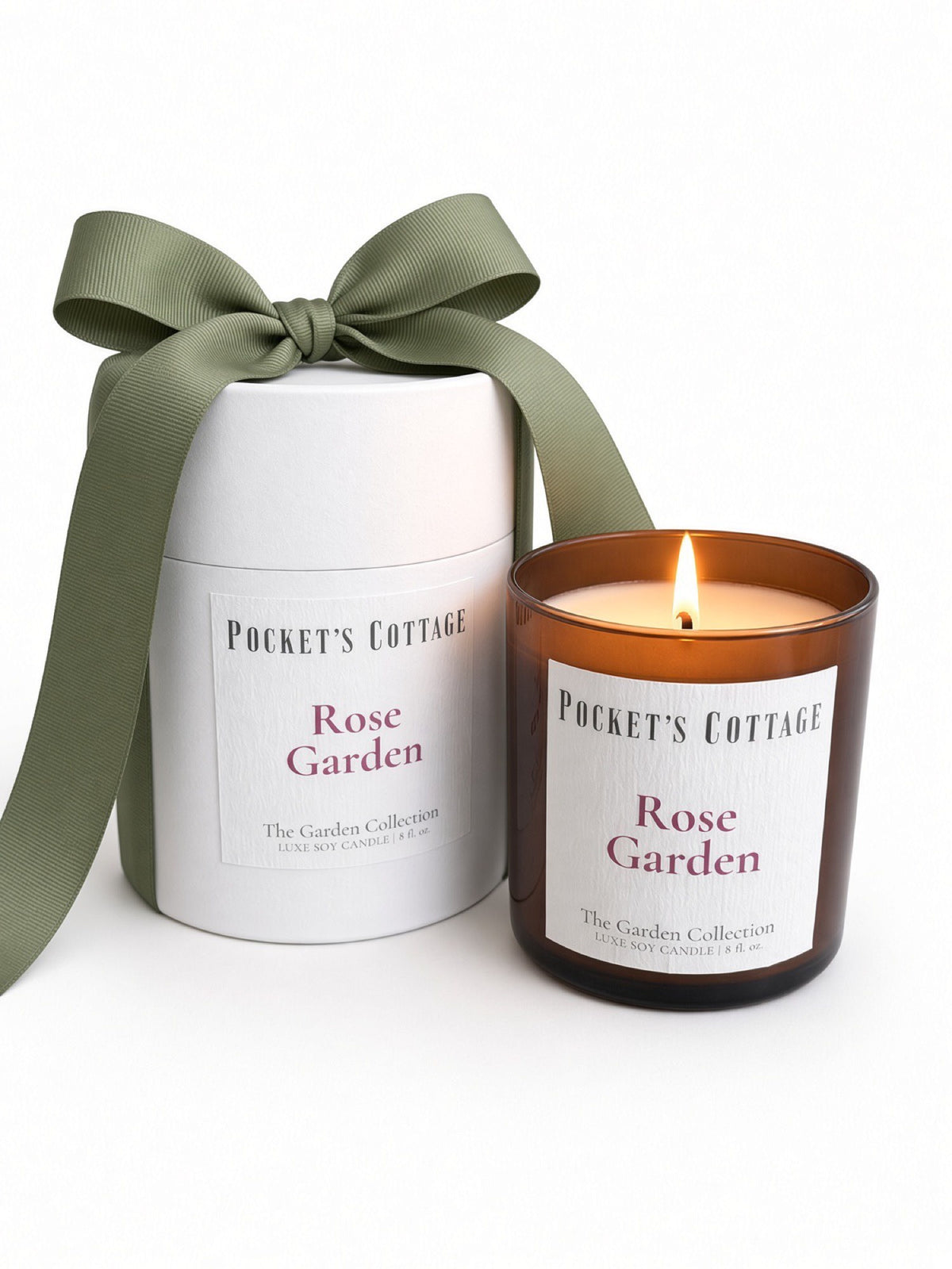 Pocket's Cottage Rose Garden scented candle and gift box on white background