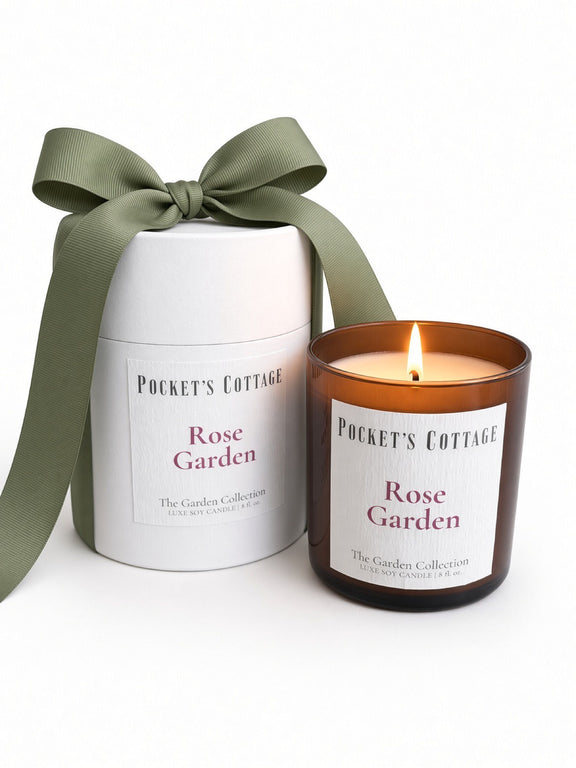 Pocket's Cottage Rose Garden scented candle and gift box on white background