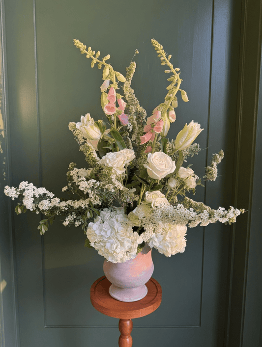 Overhead view of a custom large floral garden arrangement showcasing peonies, dahlias, and foliage from Pocket's Cottage flower farm
