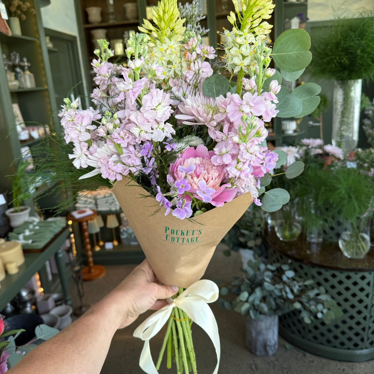 Large hand-tied garden bouquet in soft pastel tones — handpicked locally grown flowers from Pocket's Cottage, Hudson Valley
