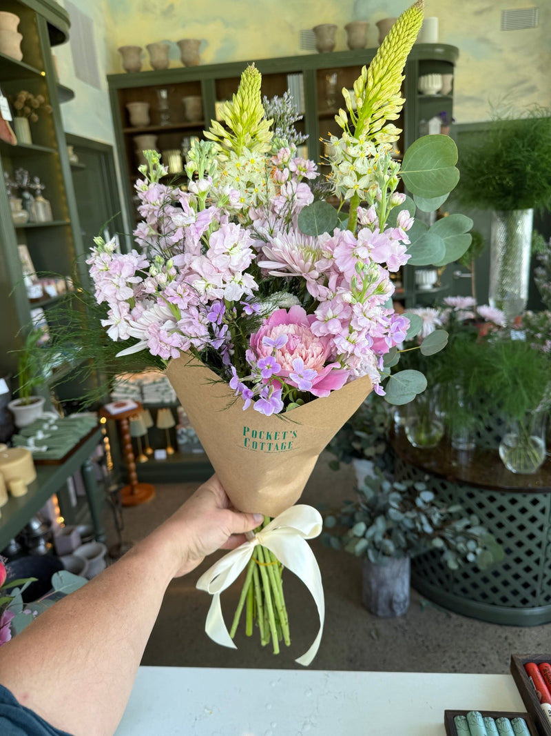 Large hand-tied garden bouquet in soft pastel tones — handpicked locally grown flowers from Pocket's Cottage, Hudson Valley
