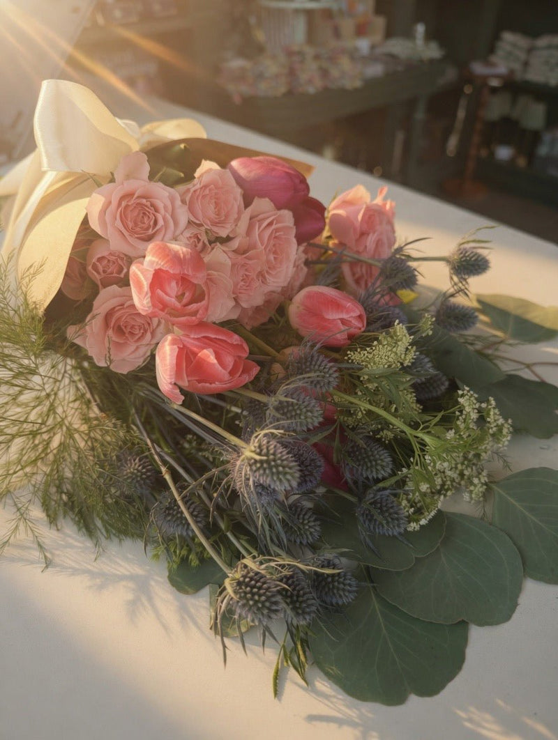 Close-up of medium hand-tied bouquet showing locally sourced seasonal flowers in silk ribbon finish — Pocket's Cottage Red Hook NY
