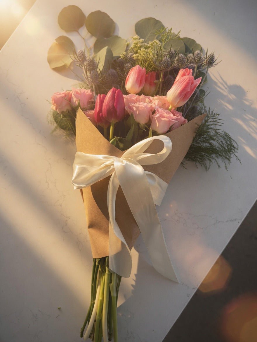 Medium hand-tied garden bouquet with a beautiful wildflower look — farm-grown seasonal blooms in craft paper wrap from Pocket's Cottage
