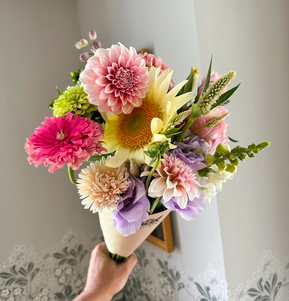 Medium hand-tied garden bouquet in soft pastel tones — sustainably grown flowers from Pocket's Cottage farm in Red Hook, NY

