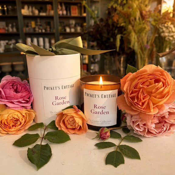 Pocket's Cottage Rose Garden candle with fresh roses and gift box